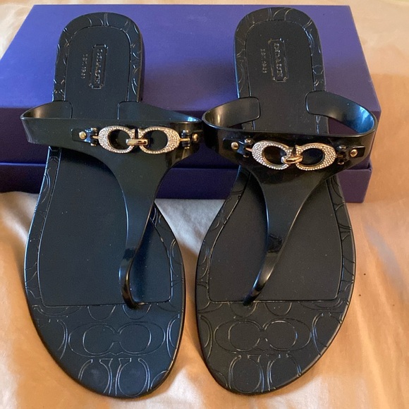 Coach Black Logo Crystal Logo Jelly Flip Flops - Picture 13 of 16